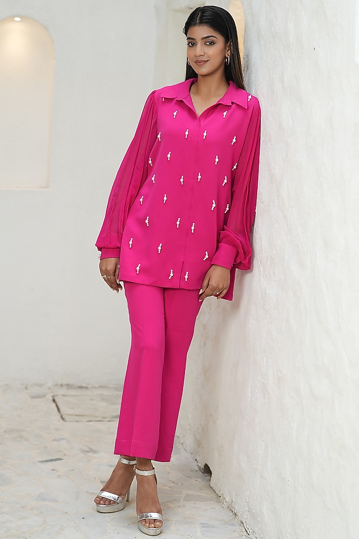 Fuchsia Pink Banana Crepe Pearl Embellished Shirt by Rabnoor K Sethi at Pernia's Pop Up Shop
