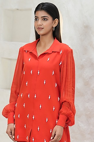 Tangerine Banana Crepe Pearl Embellished Shirt by Rabnoor K Sethi