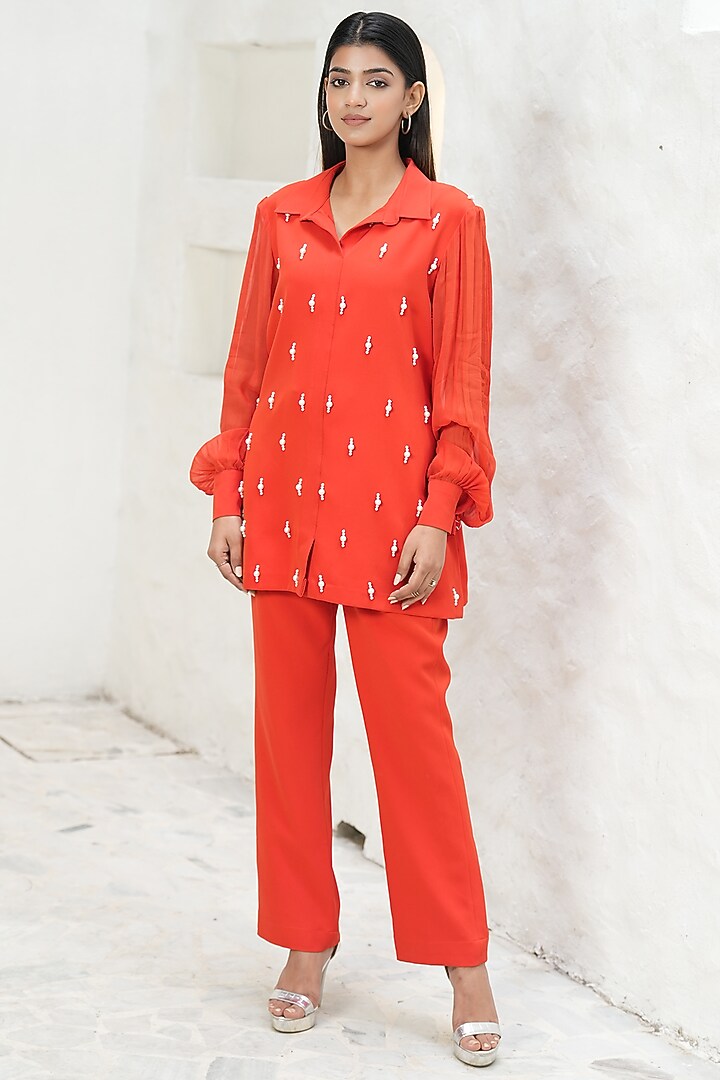 Tangerine Banana Crepe Pearl Embellished Shirt by Rabnoor K Sethi at Pernia's Pop Up Shop