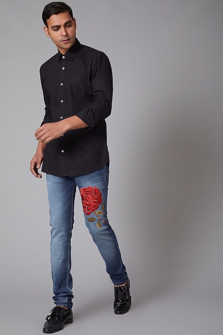 Cobalt Blue Rose Embroidered Jeans by Rohit Bal Men