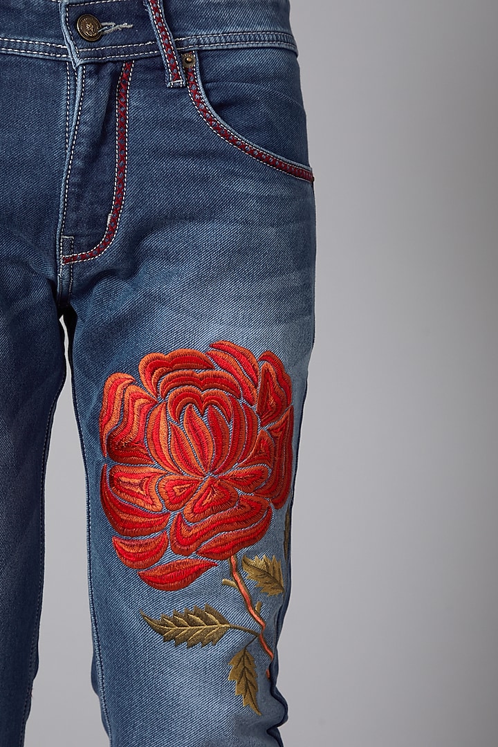 Cobalt Blue Rose Embroidered Jeans by Rohit Bal Men at Pernia's Pop Up 2023