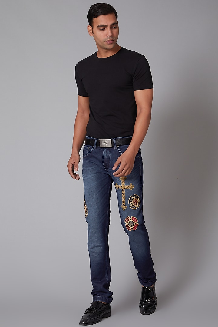 Cobalt Blue Cross Sign Embroidered Jeans by Rohit Bal Men