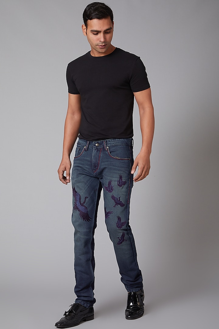 Cobalt Blue Embroidered Cotton Jeans by Rohit Bal Men
