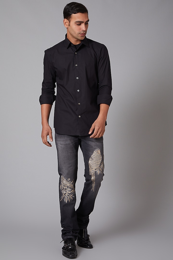 Grey Eagle Embroidered Jeans by Rohit Bal Men