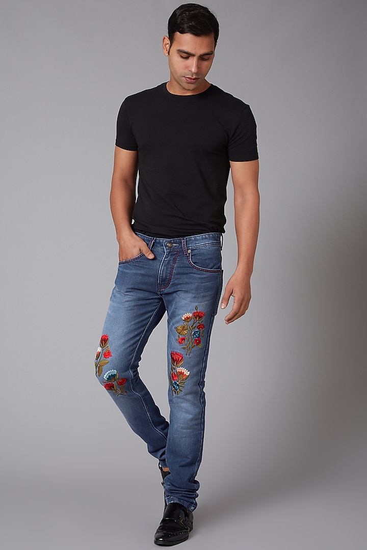 Cobalt Blue Floral Embroidered Jeans by Rohit Bal Men