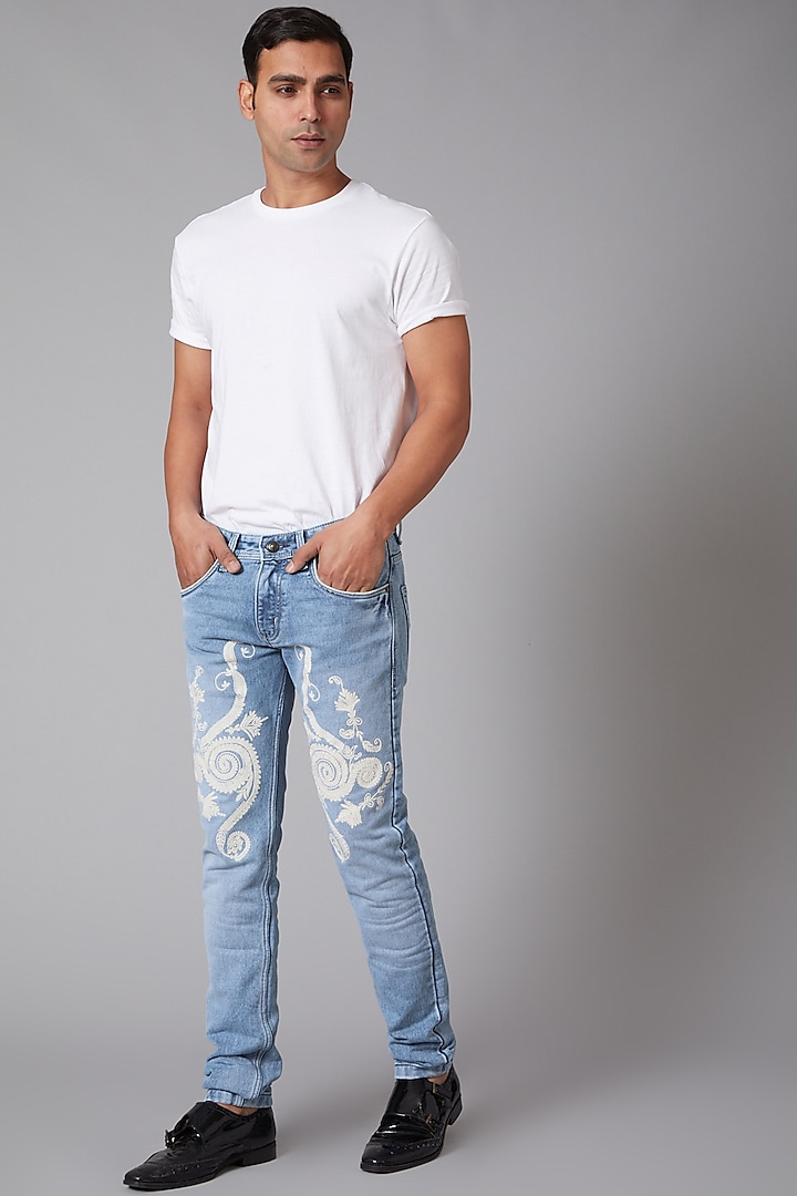 Sky Blue Cotton Embroidered Jeans by Rohit Bal Men