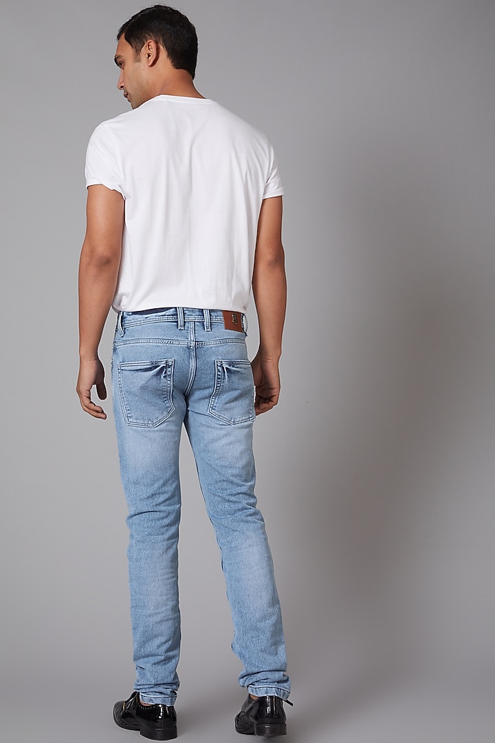 Sky Blue Cotton Embroidered Jeans by Rohit Bal Men at Pernia's Pop Up Shop
