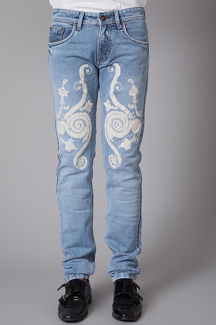 Sky Blue Cotton Embroidered Jeans by Rohit Bal Men at Pernia's Pop Up Shop