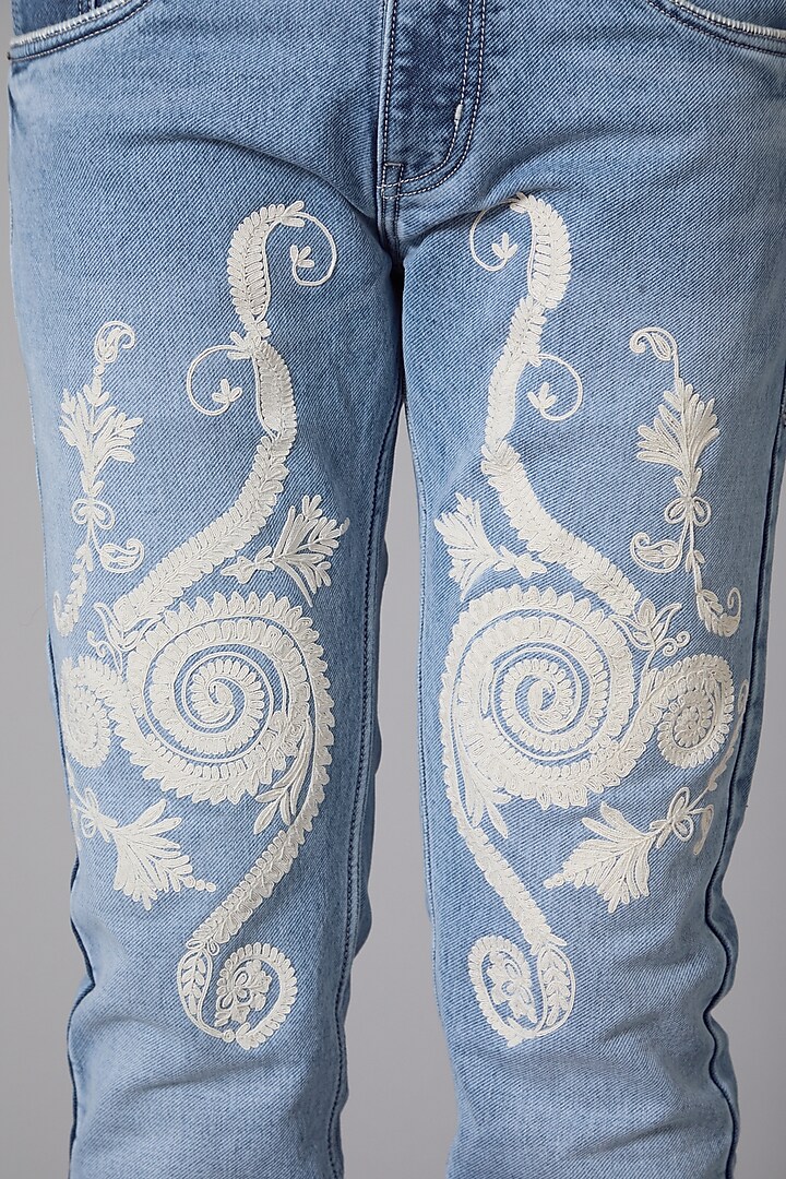 Sky Blue Cotton Embroidered Jeans by Rohit Bal Men at Pernia's Pop Up Shop