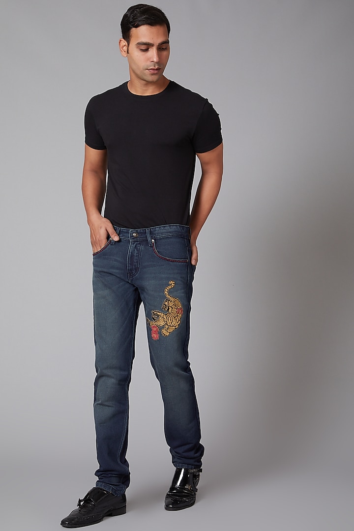 Cobalt Blue Tiger Embroidered Jeans by Rohit Bal Men