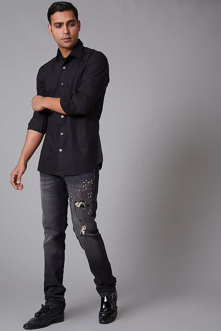 Grey Flamingo Embroidered Jeans by Rohit Bal Men