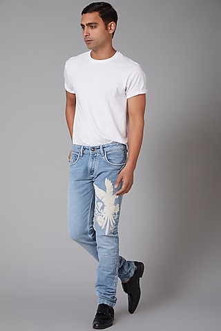 Sky Blue Eagle Embroidered Jeans by Rohit Bal Men