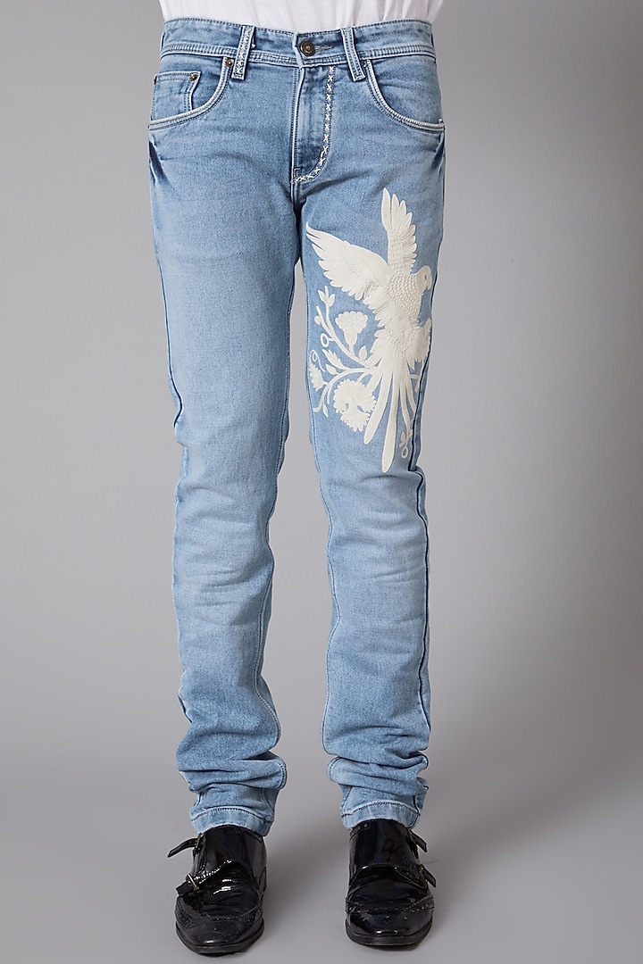 Sky Blue Eagle Embroidered Jeans by Rohit Bal Men at Pernia's Pop Up Shop