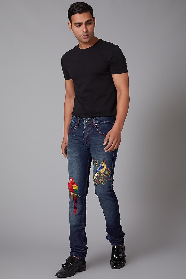 Cobalt Blue Parrot Embroidered Cotton Jeans by Rohit Bal Men
