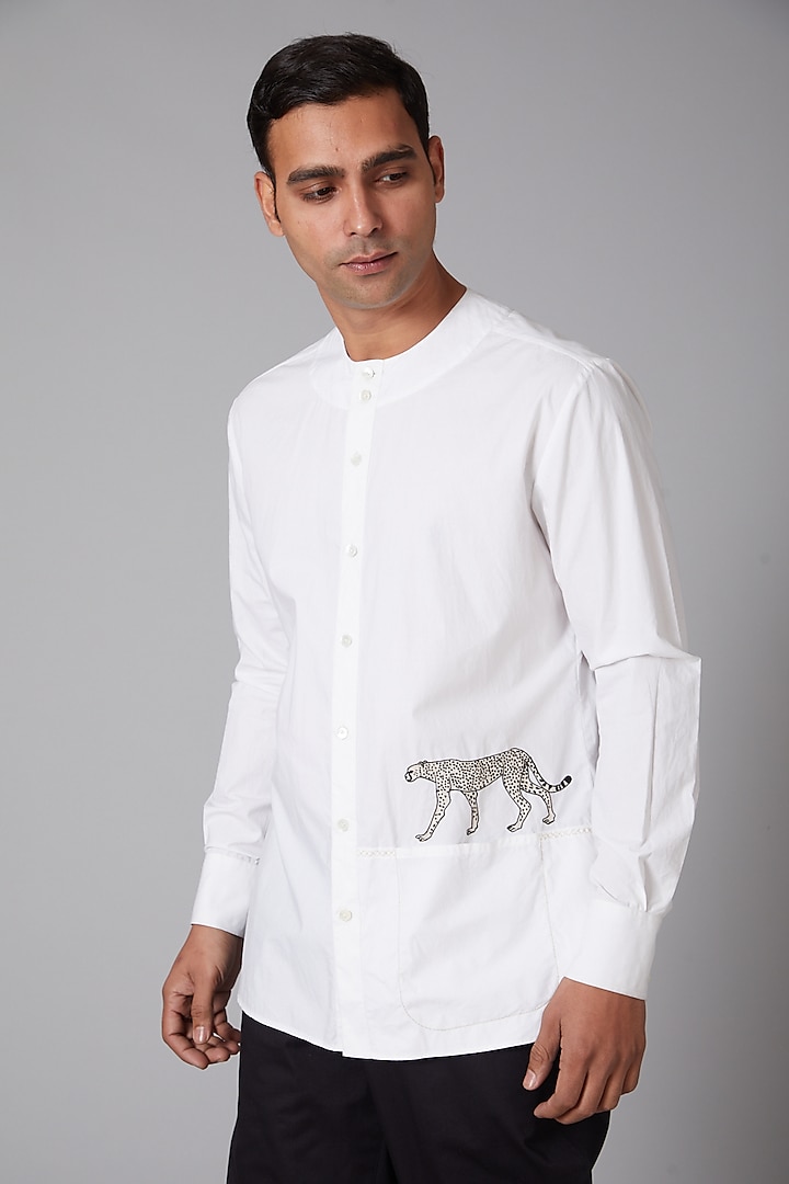 White Poplin Embroidered Shirt by Rohit Bal Men