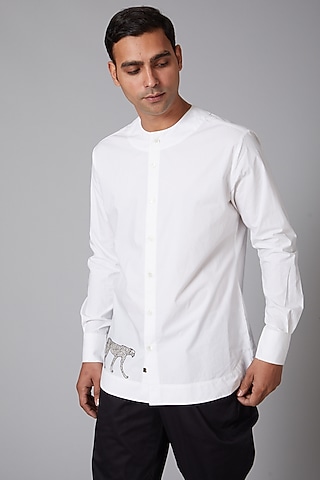 White Poplin Cheetah Embroidered Shirt by Balance by Rohit Bal Men