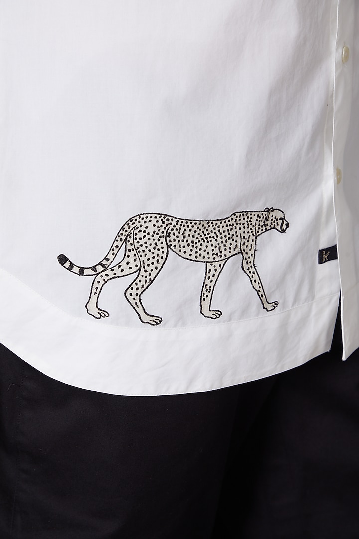 White Poplin Cheetah Embroidered Party Wear Shirt by Balance by Rohit Bal Men at Pernia's Pop Up Shop