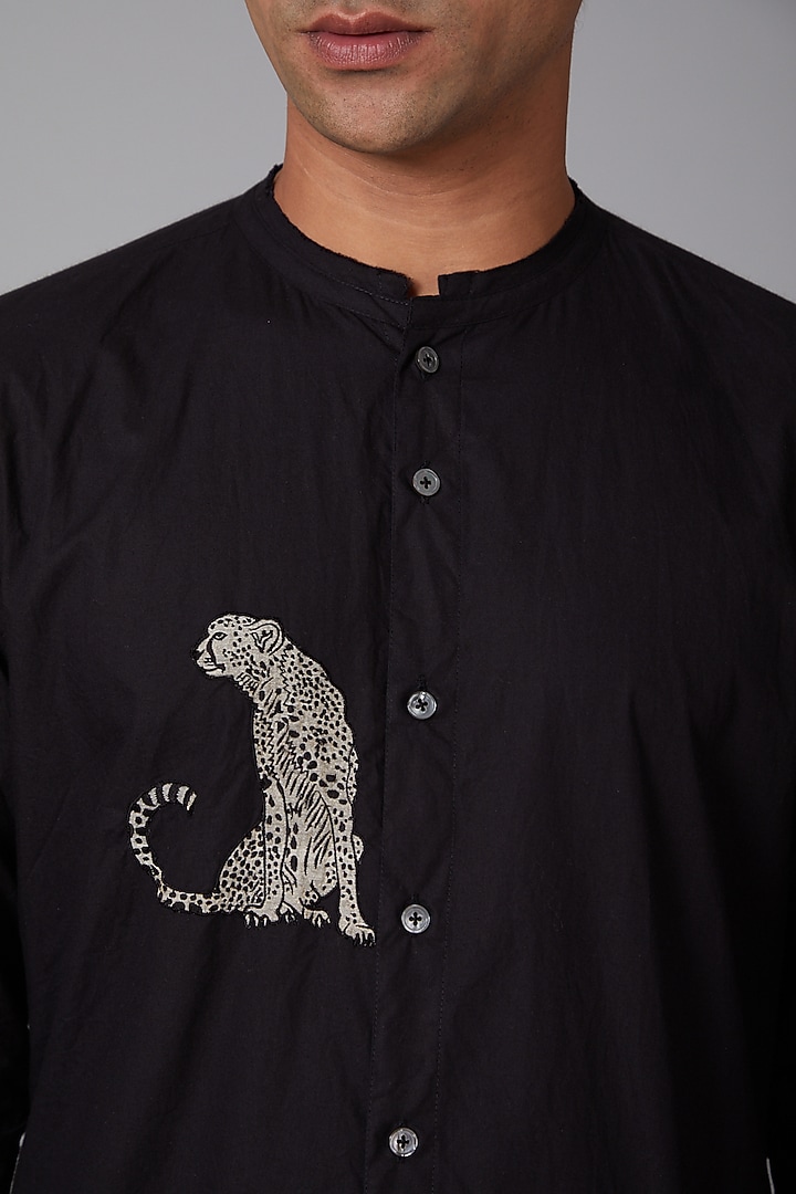 Black Poplin Cheetah Embroidered Party Wear Shirt by Rohit Bal Men at Pernia's Pop Up Shop