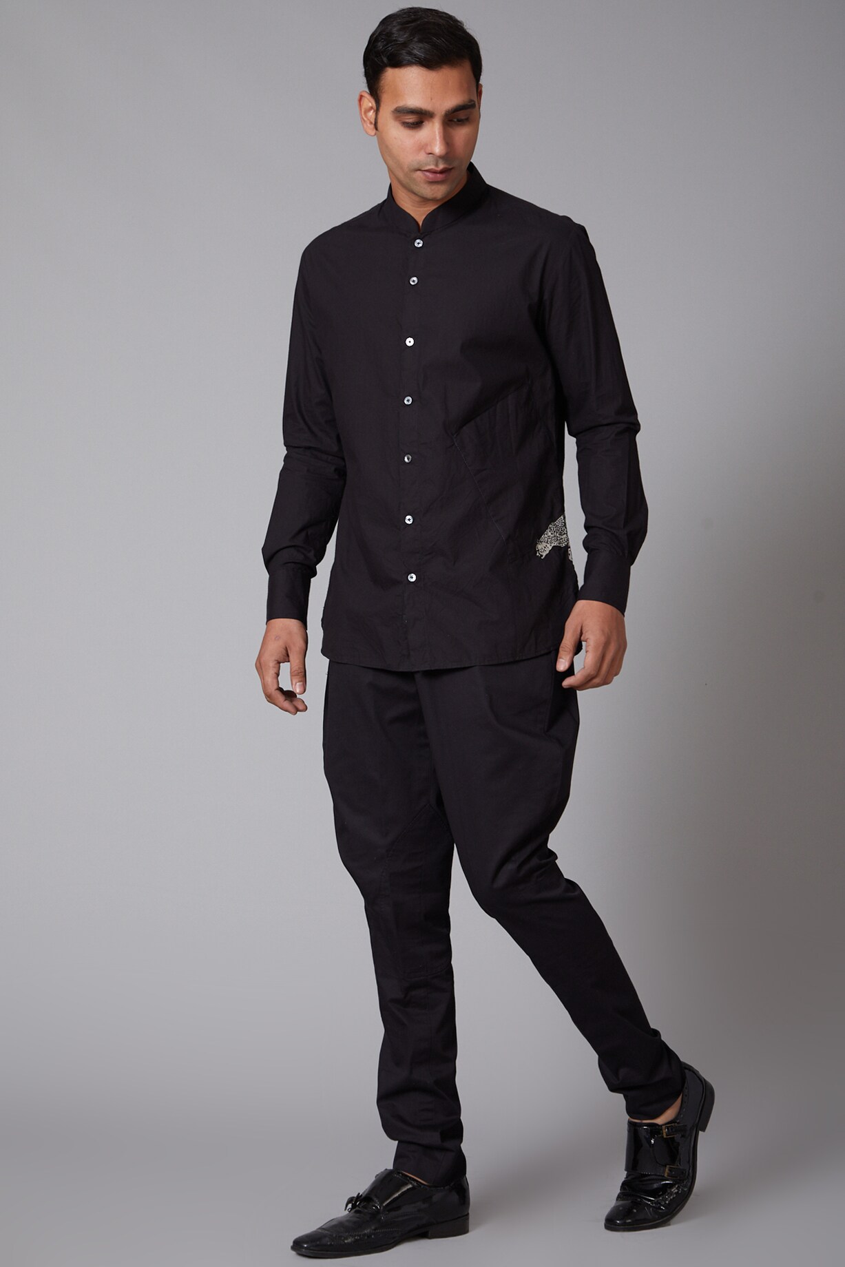 Black Poplin Cheetah Embroidered Shirt by Rohit Bal Men at