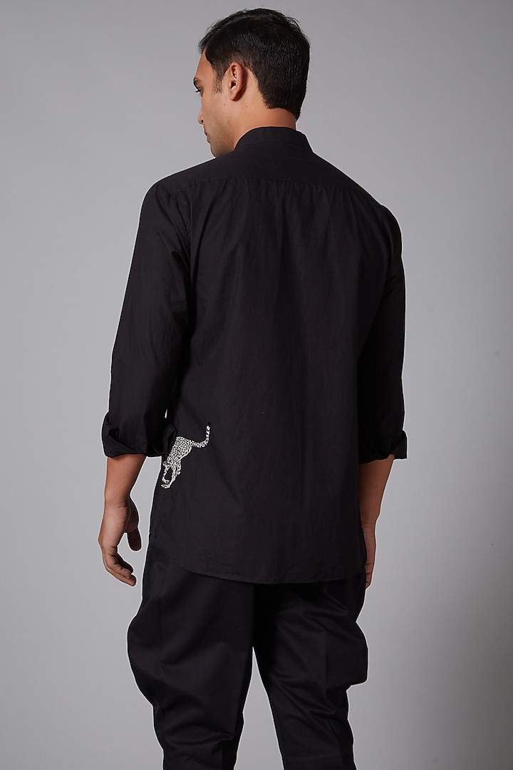 Black Poplin Cheetah Embroidered Party Wear Shirt by Rohit Bal Men at Pernia's Pop Up Shop