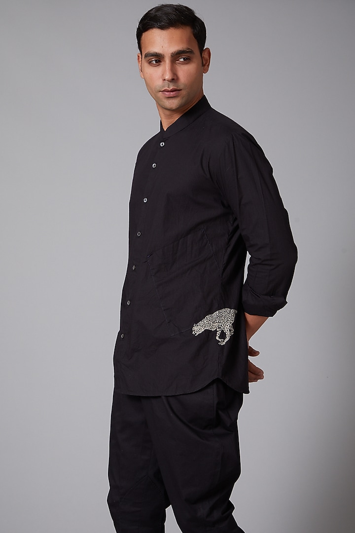 Black Poplin Cheetah Embroidered Party Wear Shirt by Rohit Bal Men at Pernia's Pop Up Shop