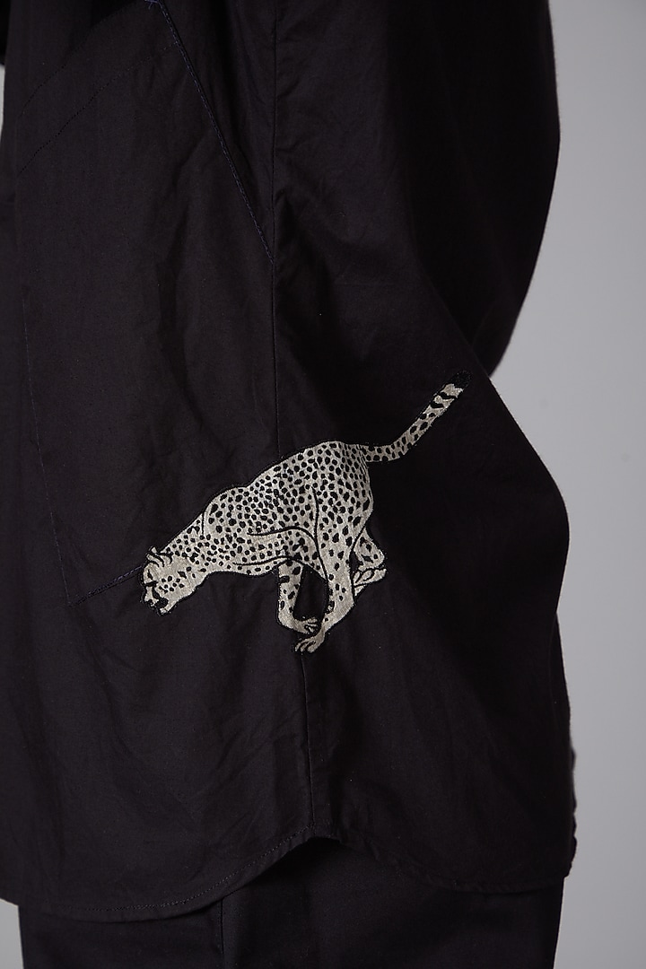 Black Poplin Cheetah Embroidered Party Wear Shirt by Rohit Bal Men at Pernia's Pop Up Shop