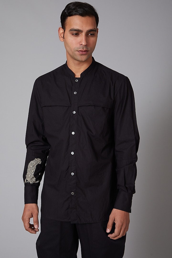 Black Poplin Shirt by Rohit Bal Men