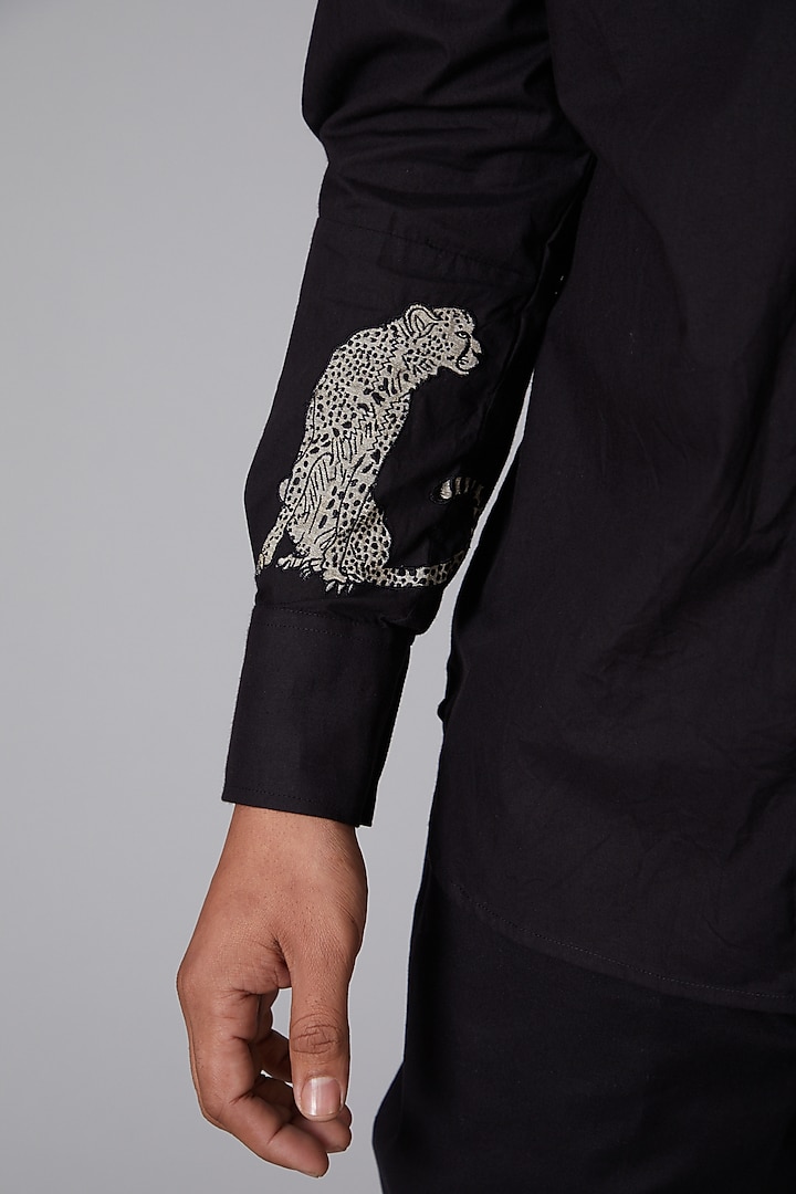 Black Poplin Cheetah Embroidered Party Wear Shirt by Rohit Bal Men at Pernia's Pop Up Shop