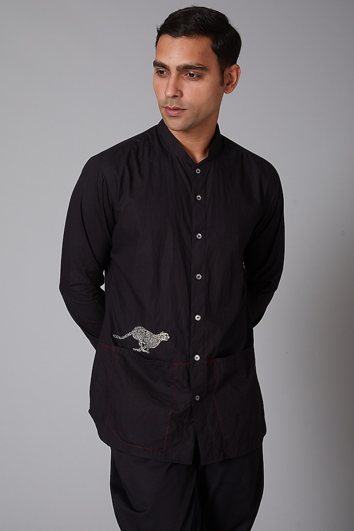 Black Poplin Cheetah Embroidered Party Wear Shirt by Rohit Bal Men at Pernia's Pop Up Shop