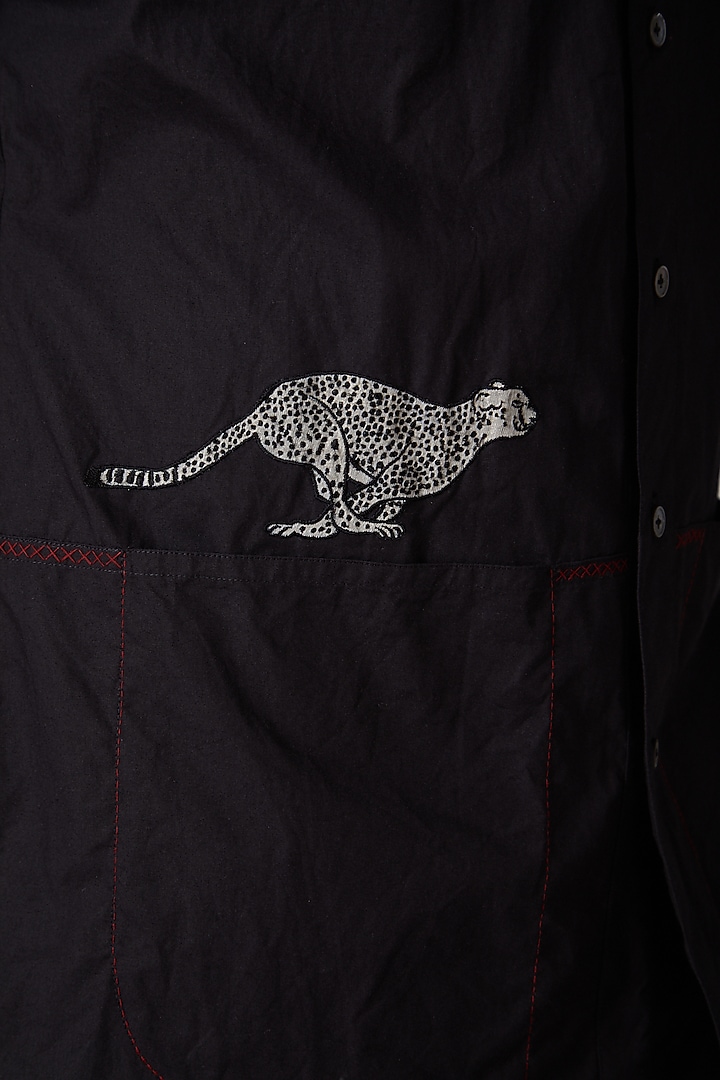 Black Poplin Cheetah Embroidered Party Wear Shirt by Rohit Bal Men at Pernia's Pop Up Shop
