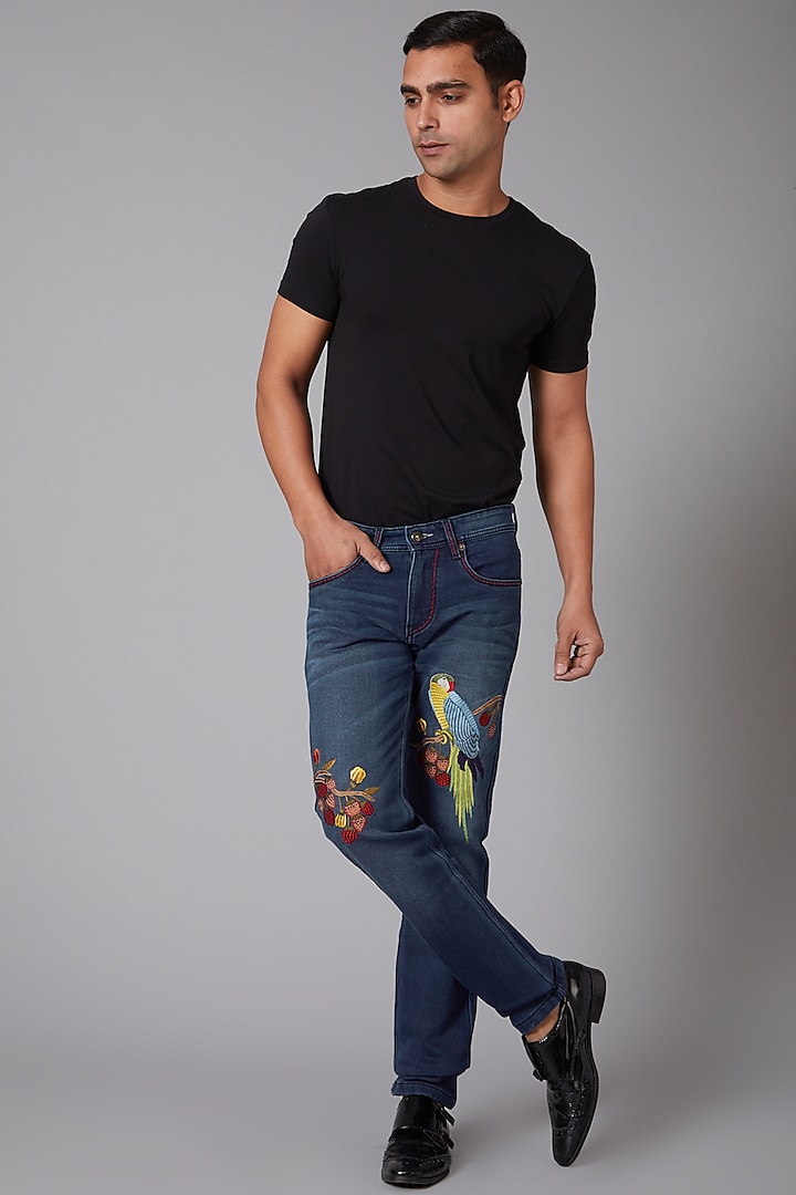 Cobalt Blue Bird Embroidered Cotton Jeans by Rohit Bal Men