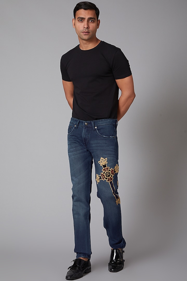 Cobalt Blue Jesus Embroidered Jeans by Rohit Bal Men