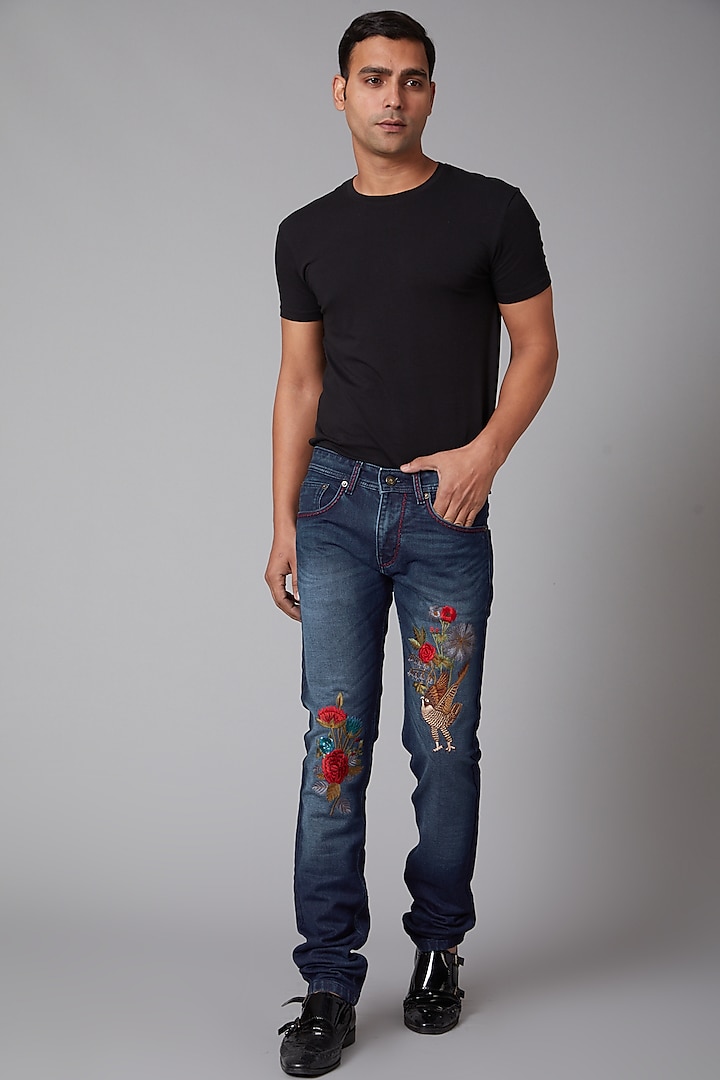 Cobalt Blue Eagle & Floral Embroidered Jeans by Rohit Bal Men