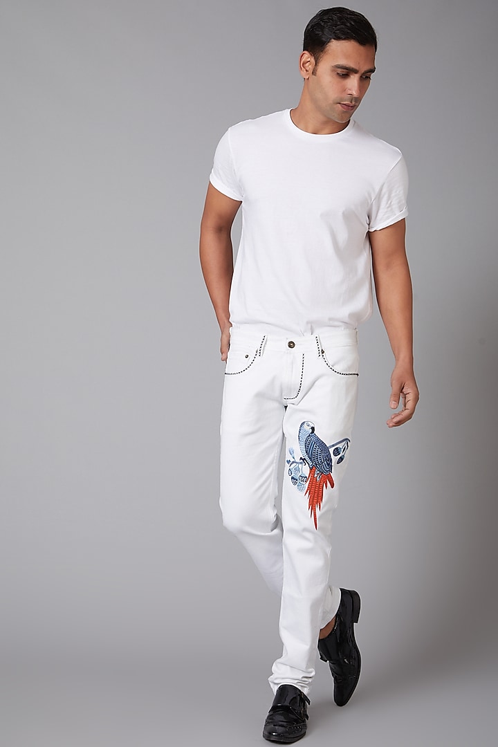 White Cotton Bird Embroidered Jeans by Rohit Bal Men