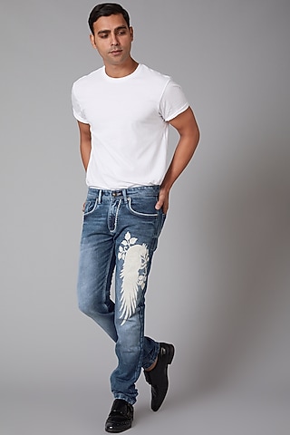 Sky Blue Embroidered Cotton Jeans by Rohit Bal Men