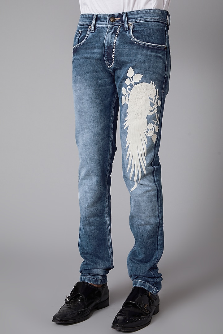 Sky Blue Embroidered Cotton Jeans by Rohit Bal Men at Pernia's Pop Up Shop