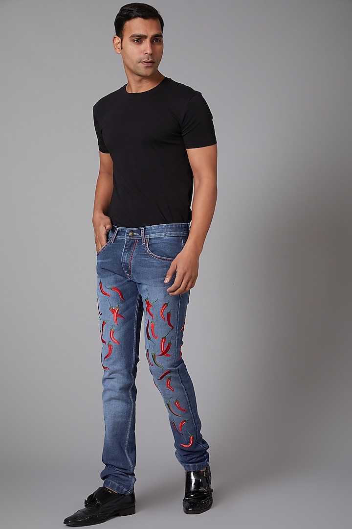 Cobalt Blue Chilli Print Embroidered Jeans by Rohit Bal Men