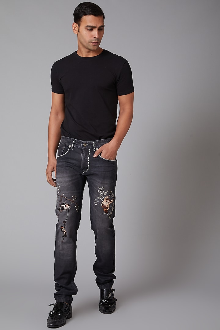 Grey Monkey Embroidered Jeans by Rohit Bal Men