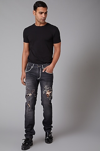 Grey Monkey Embroidered Jeans by Rohit Bal Men