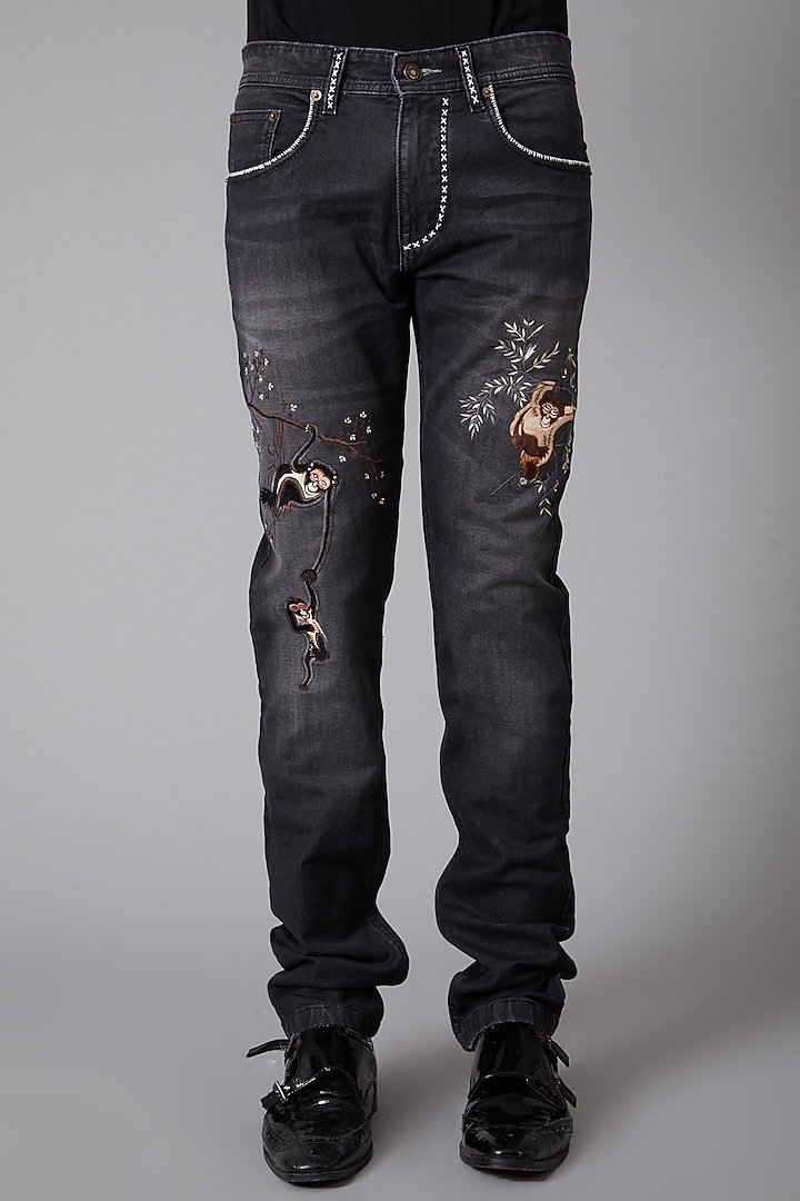 Grey Monkey Embroidered Jeans by Rohit Bal Men at Pernia's Pop Up Shop