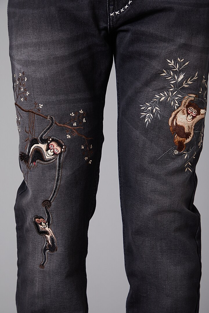 Grey Monkey Embroidered Jeans by Rohit Bal Men at Pernia's Pop Up Shop