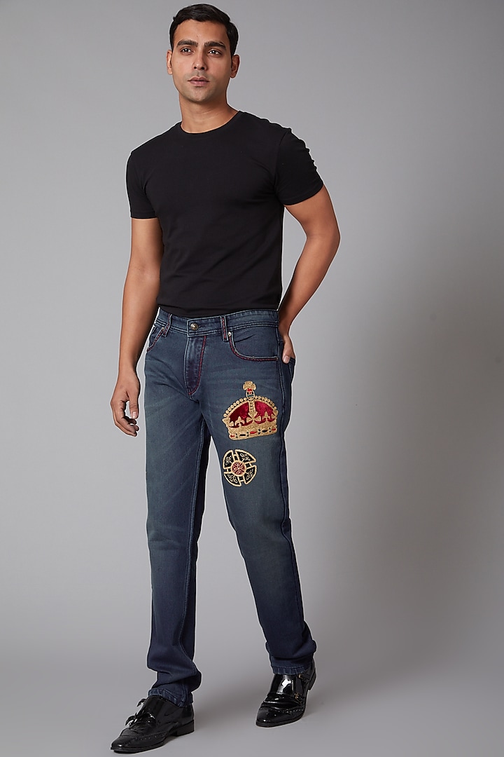 Cobalt Blue Crown Embroidered Cotton Jeans by Rohit Bal Men