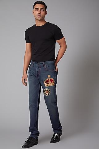 Cobalt Blue Crown Embroidered Cotton Jeans by Rohit Bal Men