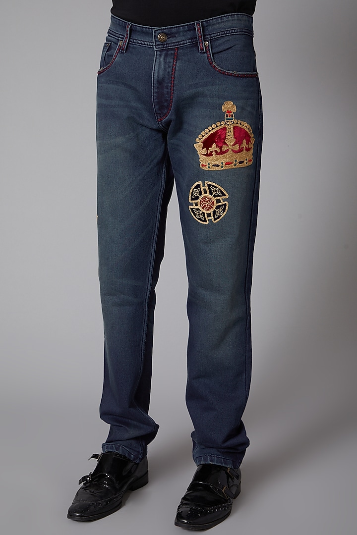 Cobalt Blue Crown Embroidered Cotton Jeans by Rohit Bal Men at Pernia's Pop Up Shop