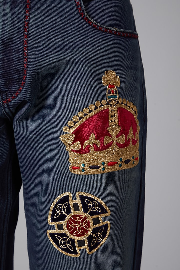 Cobalt Blue Crown Embroidered Cotton Jeans by Rohit Bal Men at Pernia's Pop Up Shop