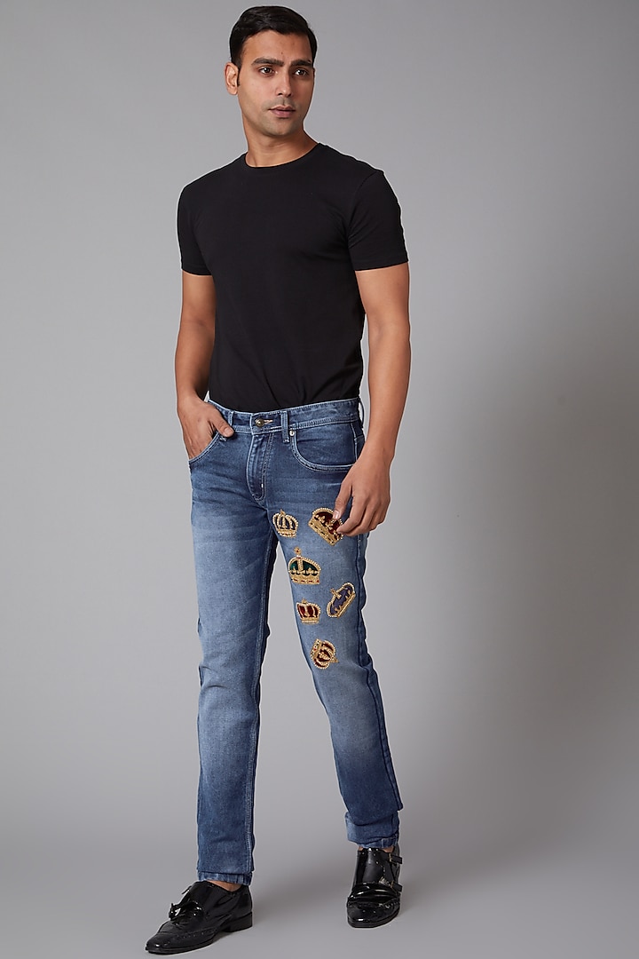 Cobalt Blue Small Crowns Embroidered Jeans by Rohit Bal Men