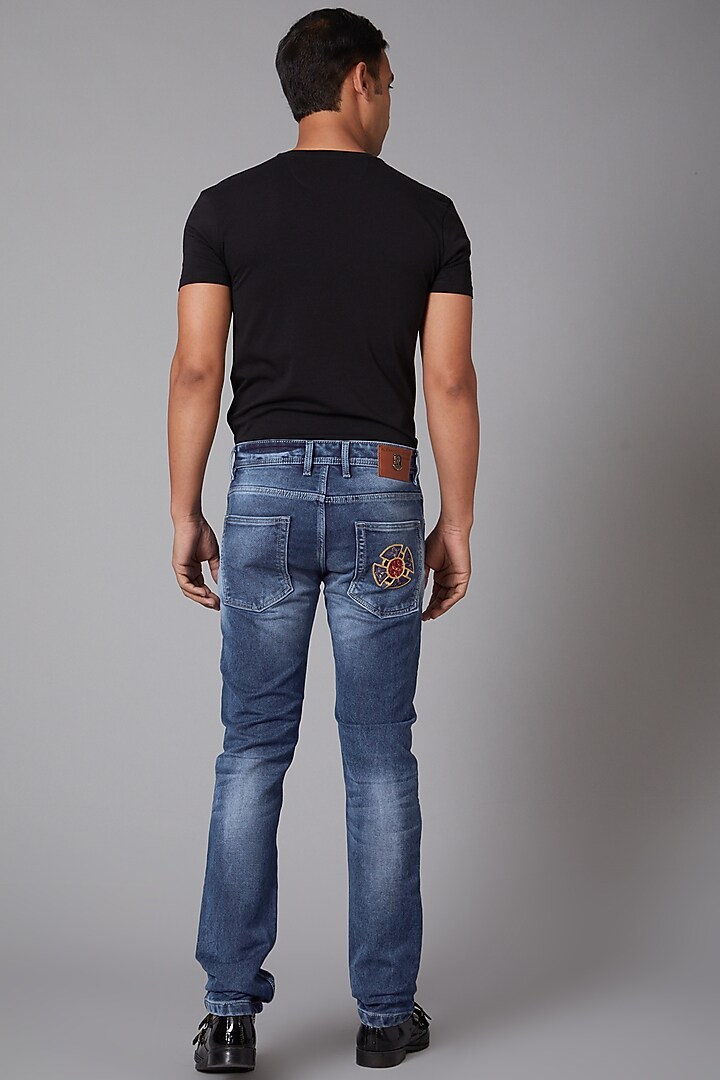 Cobalt Blue Small Crowns Embroidered Jeans by Rohit Bal Men at Pernia's Pop Up Shop
