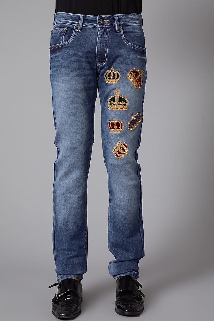 Cobalt Blue Small Crowns Embroidered Jeans by Rohit Bal Men at Pernia's Pop Up Shop