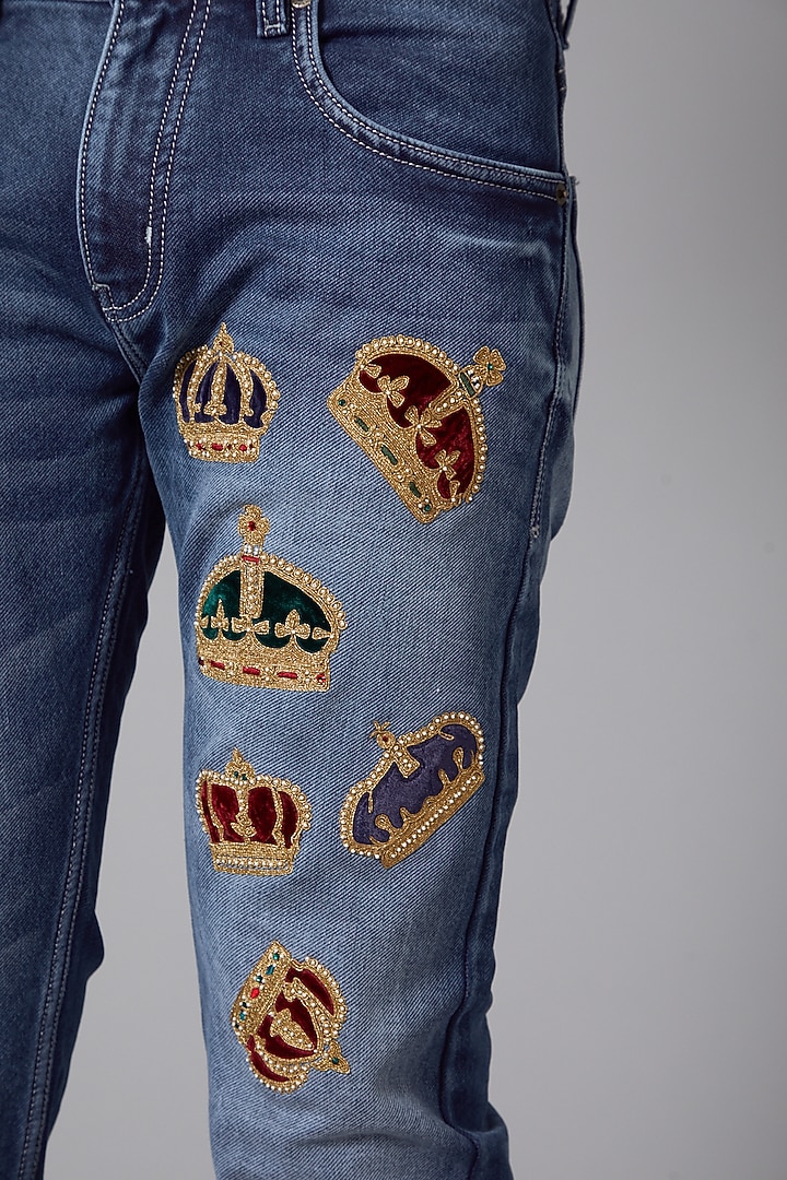Cobalt Blue Small Crowns Embroidered Jeans by Rohit Bal Men at Pernia's Pop Up Shop