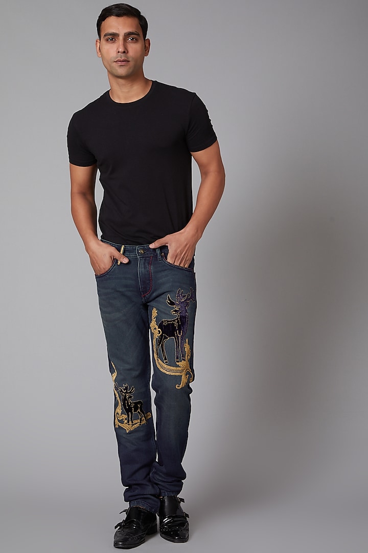 Cobalt Blue Reindeer Embroidered Jeans by Rohit Bal Men